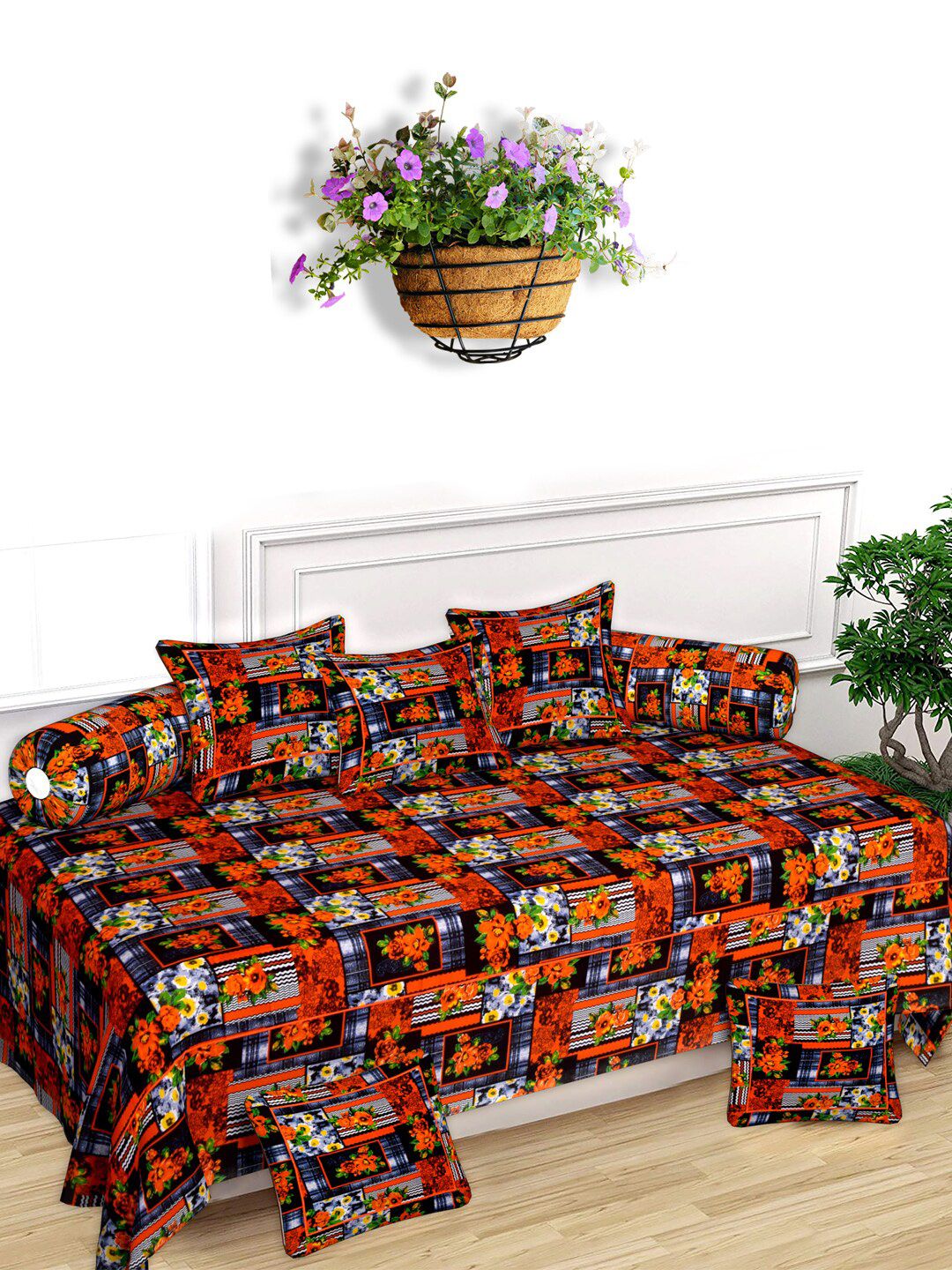 Kuber Industries Black & Green Floral 8-Pcs Cotton Bedsheet With Bolster & Cushion Covers Price in India
