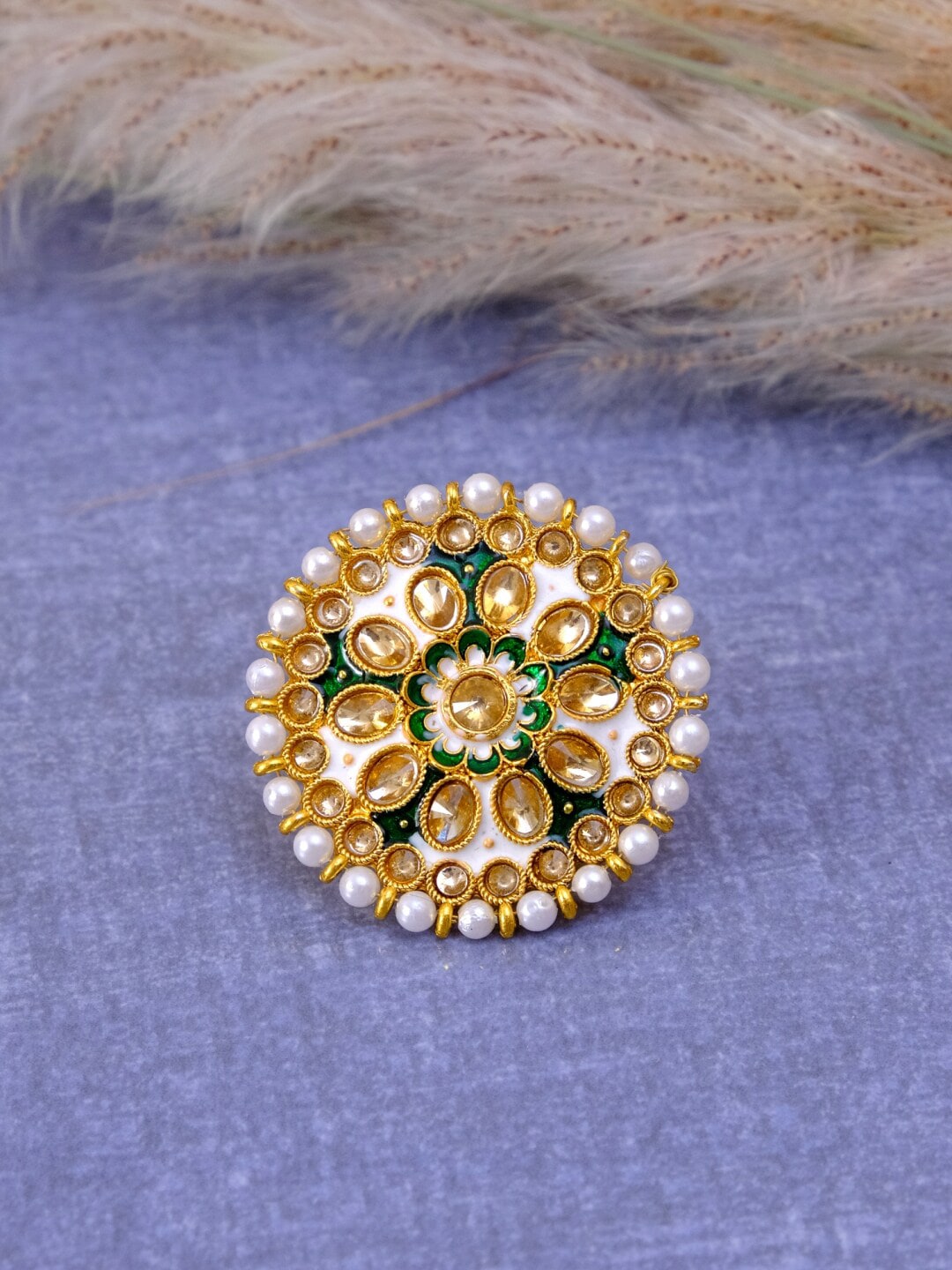 Crunchy Fashion Gold-Plated White & Beige Kundan-Studded & Beaded Meenakari Adjustable Finger Ring Price in India