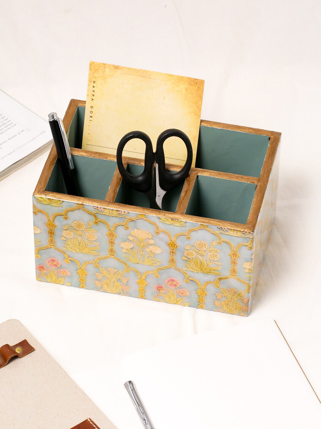 Tistabene Grey & Gold-Toned Printed Wooden Organizer Price in India