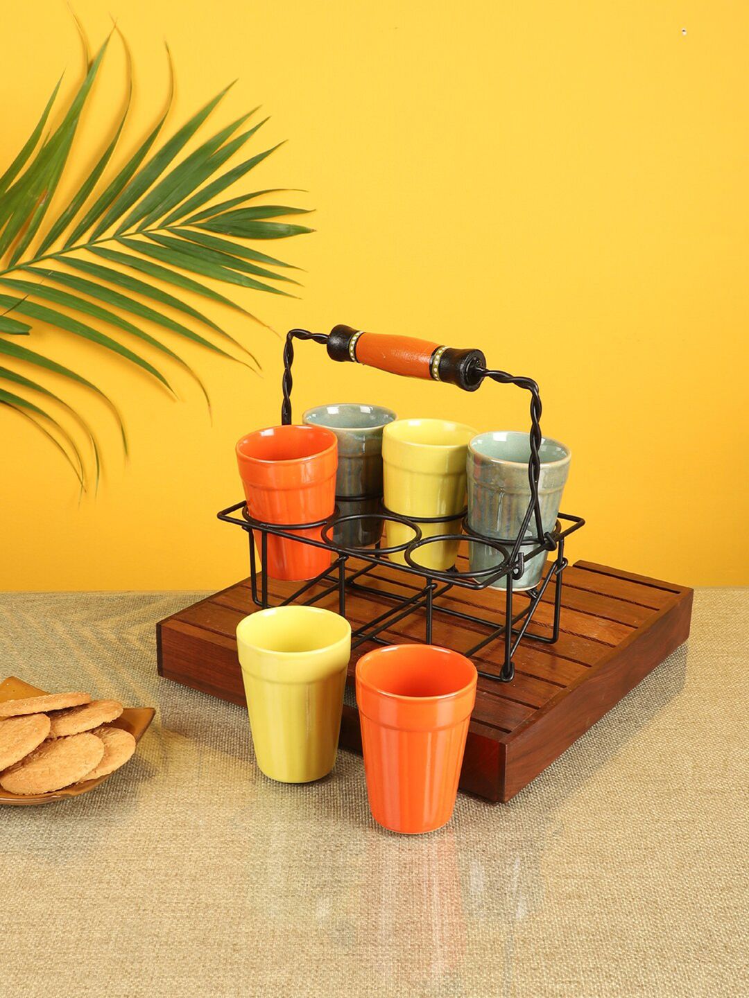 AAKRITI ART CREATIONS Set of 6 Yellow & Orange Solid Ceramic Glossy Cutting Chai Mugs Price in India