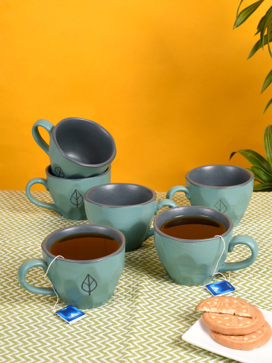 AAKRITI ART CREATIONS Set of 6 Blue & Grey Printed Ceramic Matte Cups Price in India