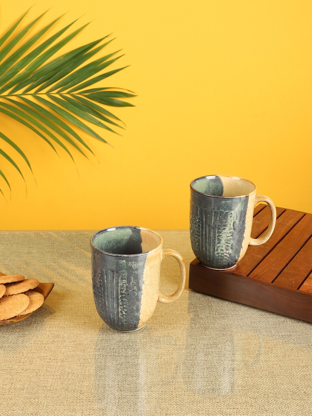 AAKRITI ART CREATIONS Set of 2 Grey & Beige Printed Ceramic Glossy Mugs Price in India