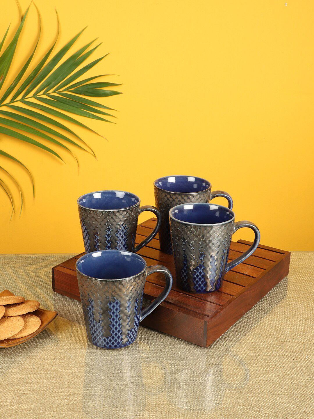 AAKRITI ART CREATIONS Blue & Grey Printed Ceramic Glossy Mugs Set of 4 Cups and Mugs Price in India
