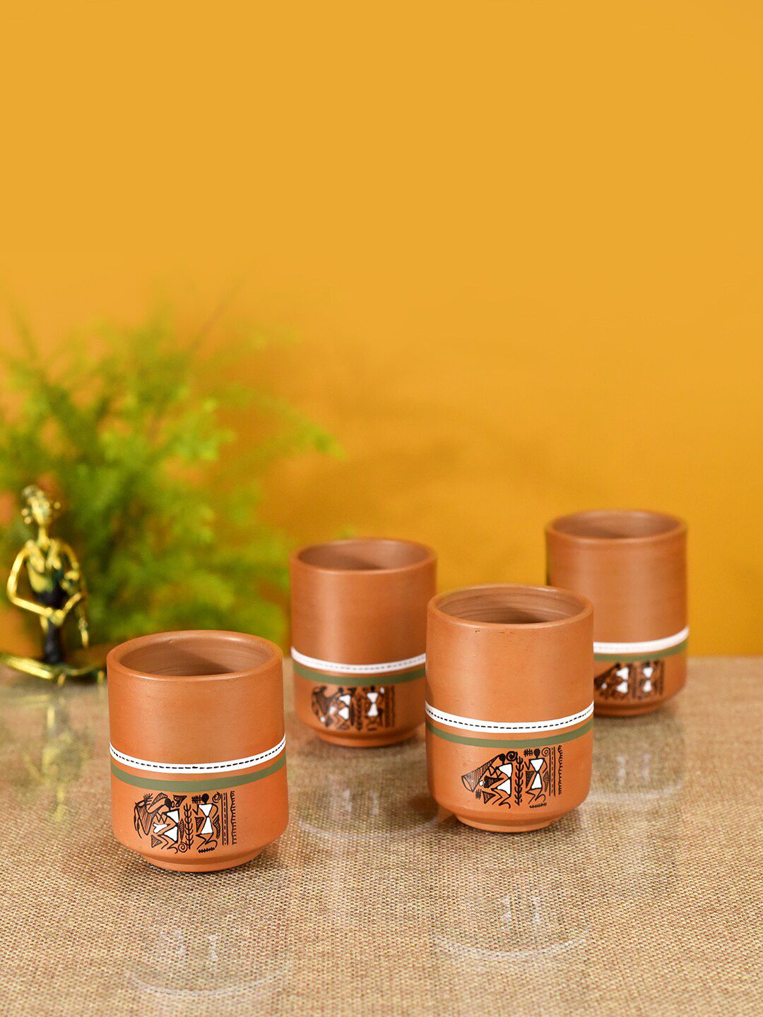 AAKRITI ART CREATIONS Beige & Brown Printed Earthen Clay Matte Mugs Set Of 4 Cups and Mugs Price in India