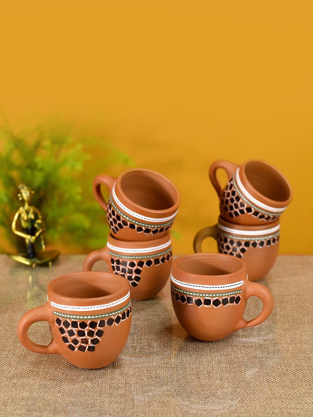 AAKRITI ART CREATIONS Set Of 6 Brown & Black Tribal Motifs Printed Terracotta Cups Price in India