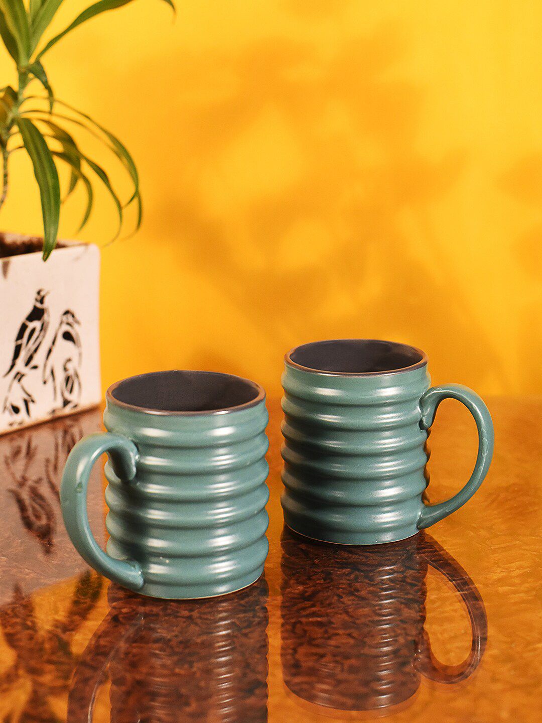 AAKRITI ART CREATIONS Turquoise Blue Textured Ceramic Matte Set of 2 Mugs Price in India