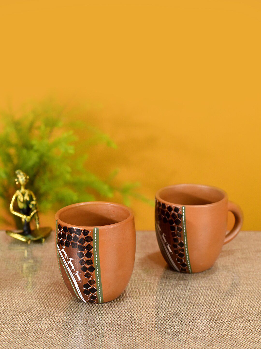 AAKRITI ART CREATIONS Brown & Black Set of 2 Tribal Motifs Printed Terracotta Matte Mugs Price in India