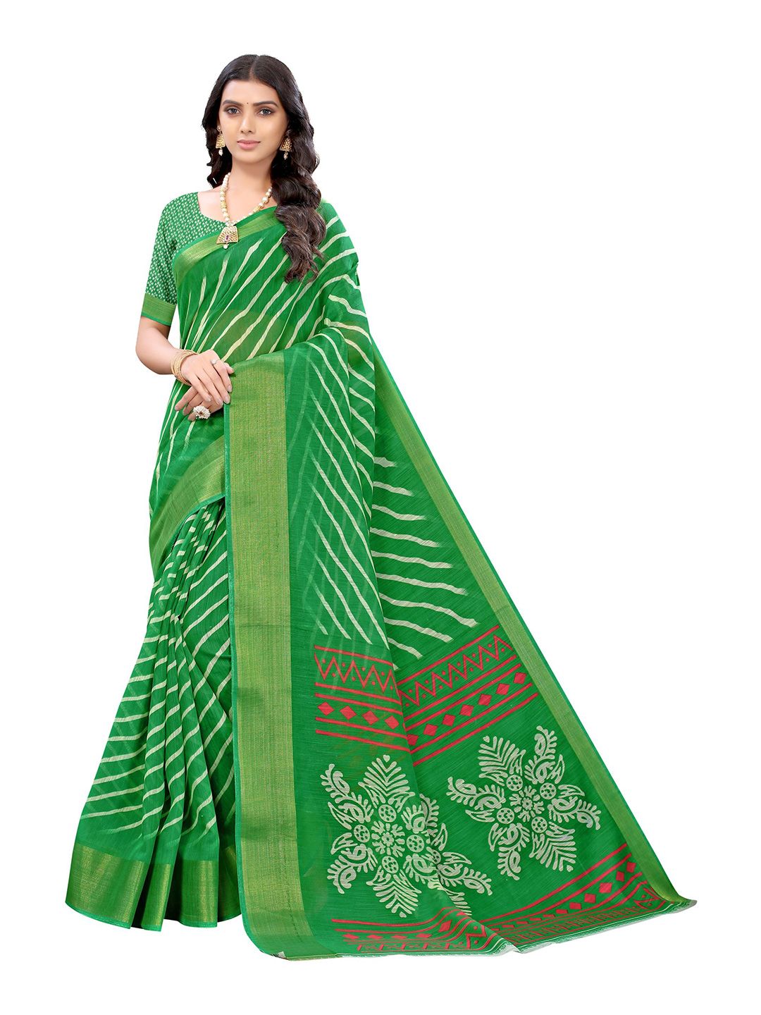 KALINI Green & White Leheriya Saree