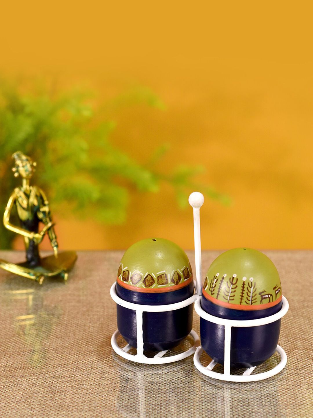 AAKRITI ART CREATIONS Set of 2 Blue & Mustard Printed Salt & Pepper Shaker with Stand Price in India