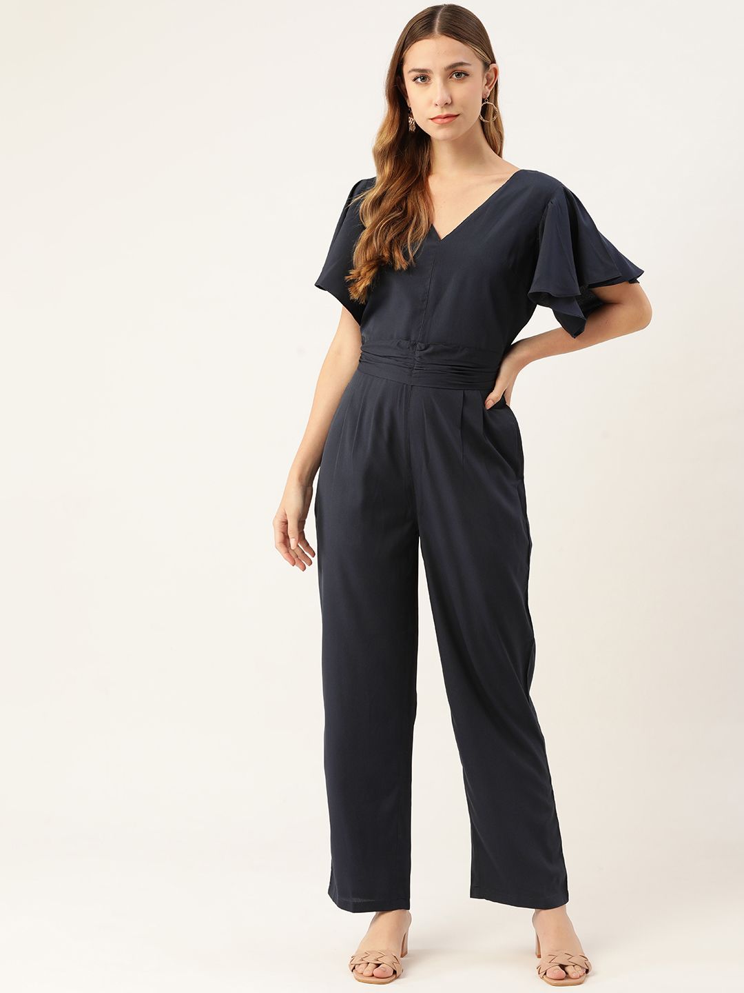 Magnetic Designs Navy Blue Flutter Sleeves Jumpsuit Price in India