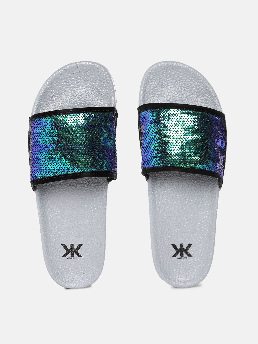 Kook N Keech Women Green & Blue Sequinned Sliders with Iridescent Effect Price in India