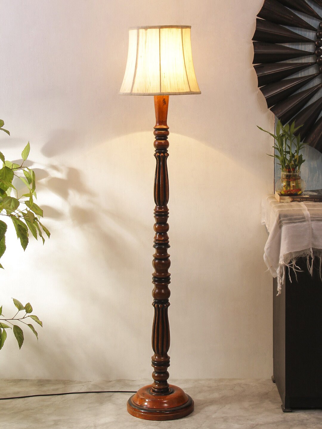 Devansh Off White & Brown Traditional Floor Lamp With Cotton Cylindrical Shade Price in India