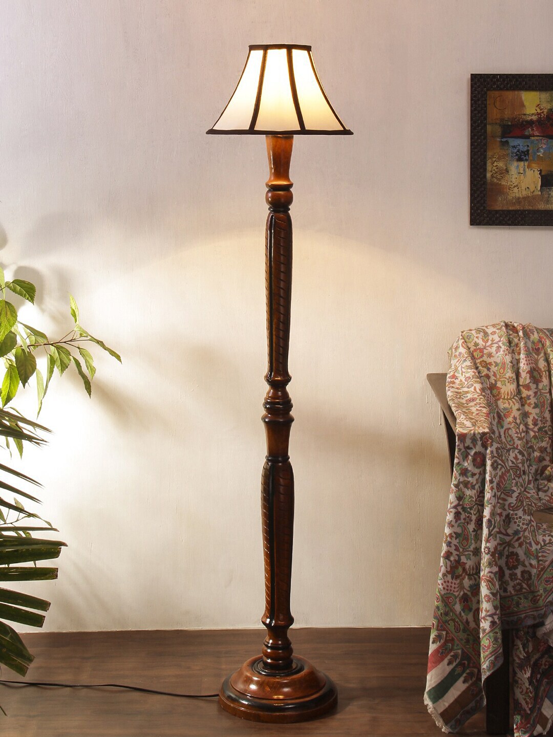 Devansh White & Brown Traditional Floor Lamp With Cotton Frustum Shade Price in India