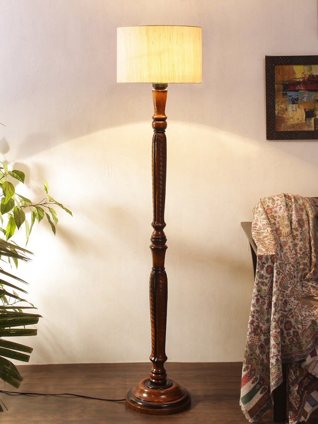 Devansh Off-White & Brown Traditional Floor Lamp With Cotton Cylindrical Shade Price in India