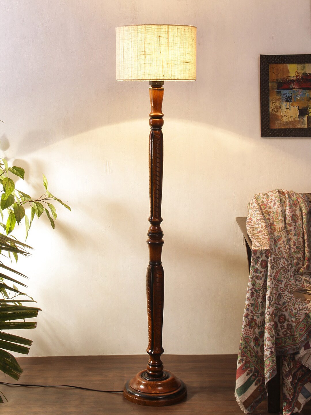 Devansh White & Brown Traditional Floor Lamp With Jute Cylindrical Shade Price in India