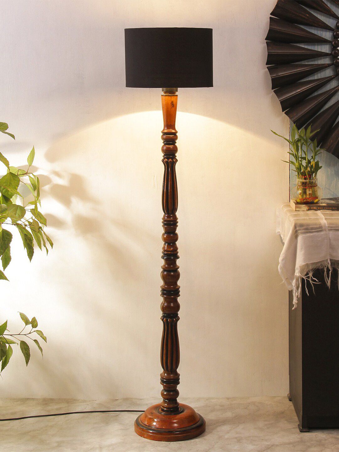 Devansh Black & Brown Traditional Floor Lamp With Cotton Cylindrical Shade Price in India