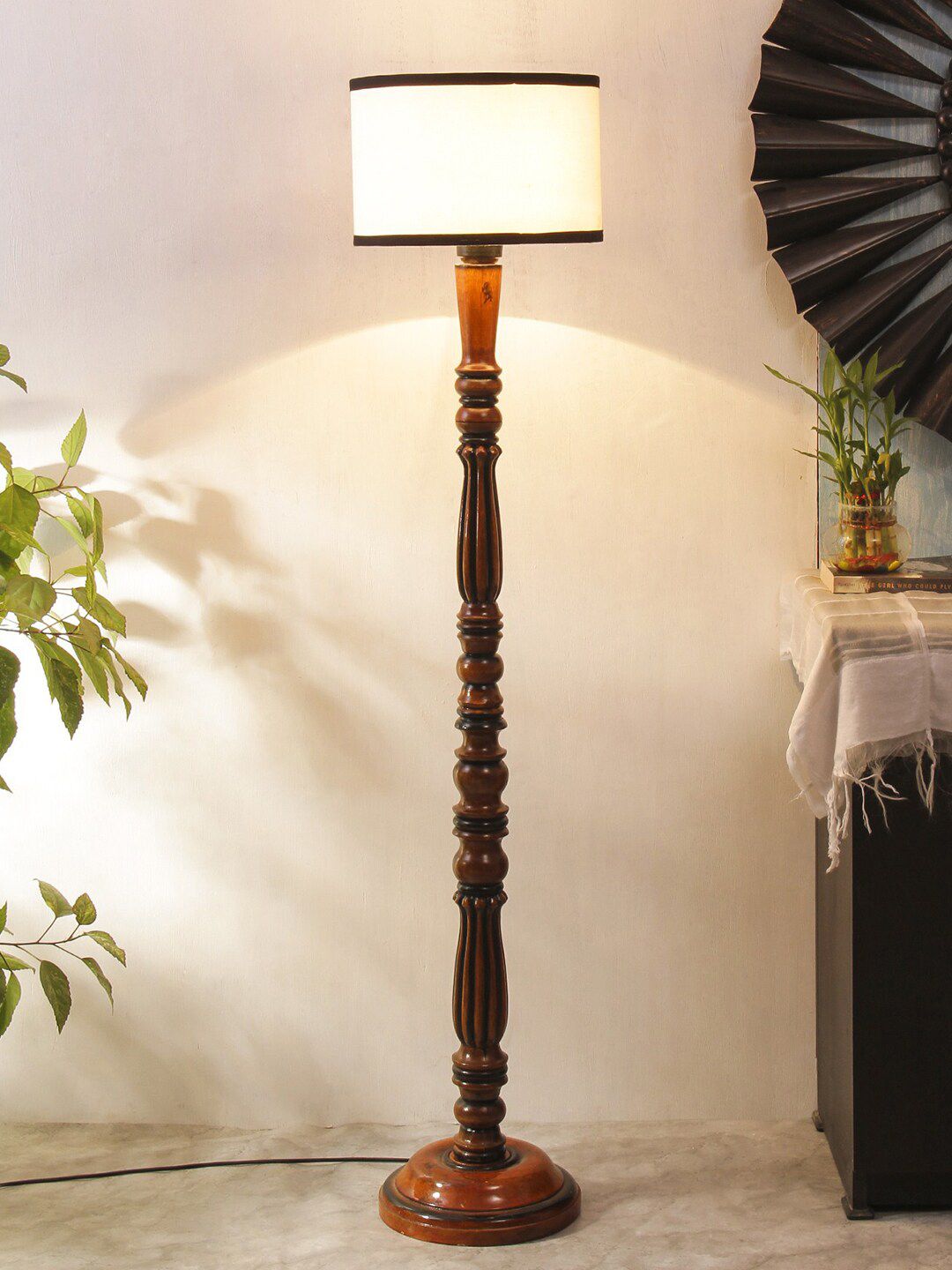 Devansh White & Black Traditional Wood Floor Lamp With Cotton Cylindrical Shade Price in India