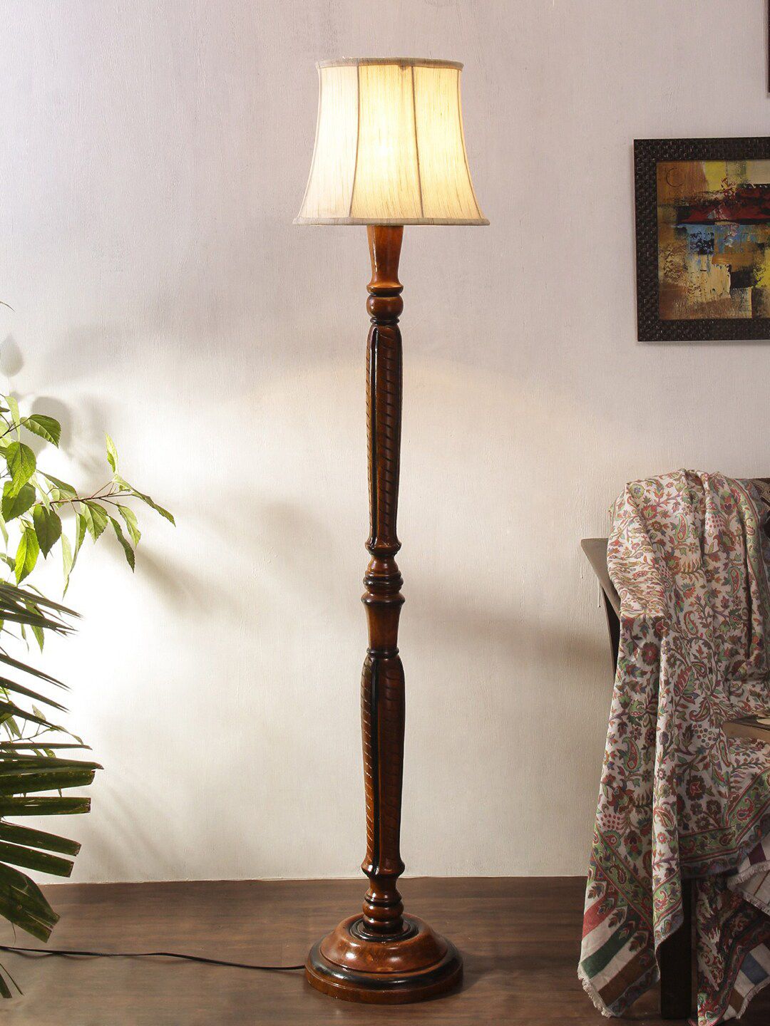 Devansh Off White & Brown Wood Traditional Floor Lamp With Cotton Frustum Shade Price in India