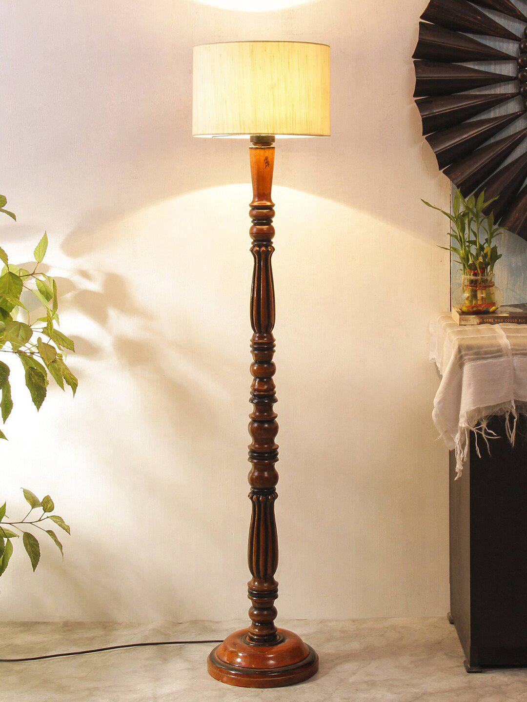 Devansh Off White & Brown Traditional Wood Floor Lamp With Cotton Cylindrical Shade Price in India