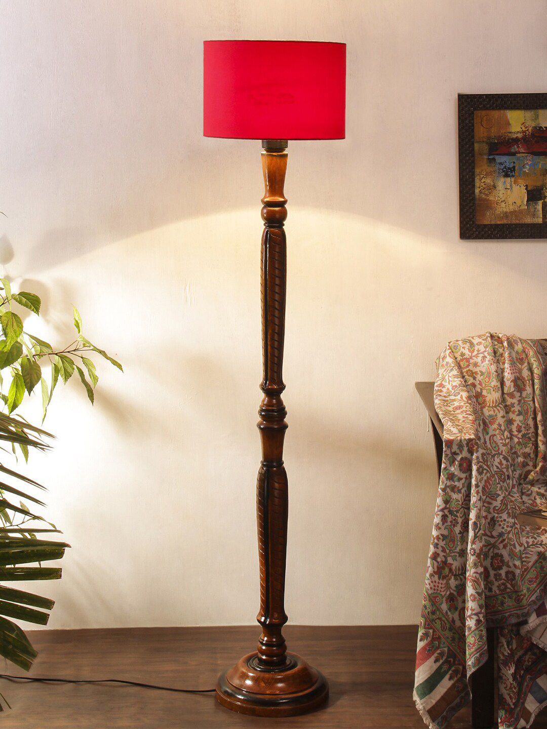 Devansh Red & Brown Fabric Traditional Floor Lamp with Cotton Drum Shade Price in India