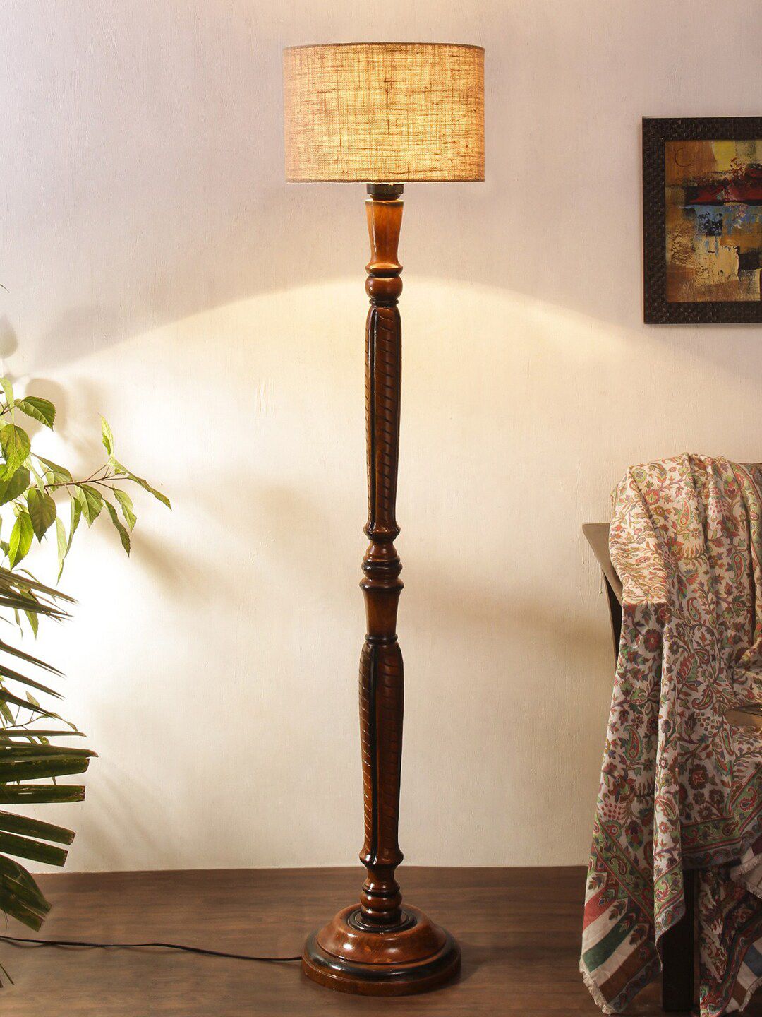 Devansh Beige & Brown Traditional Wood Floor Lamp With Jute Cylindrical Shade Price in India