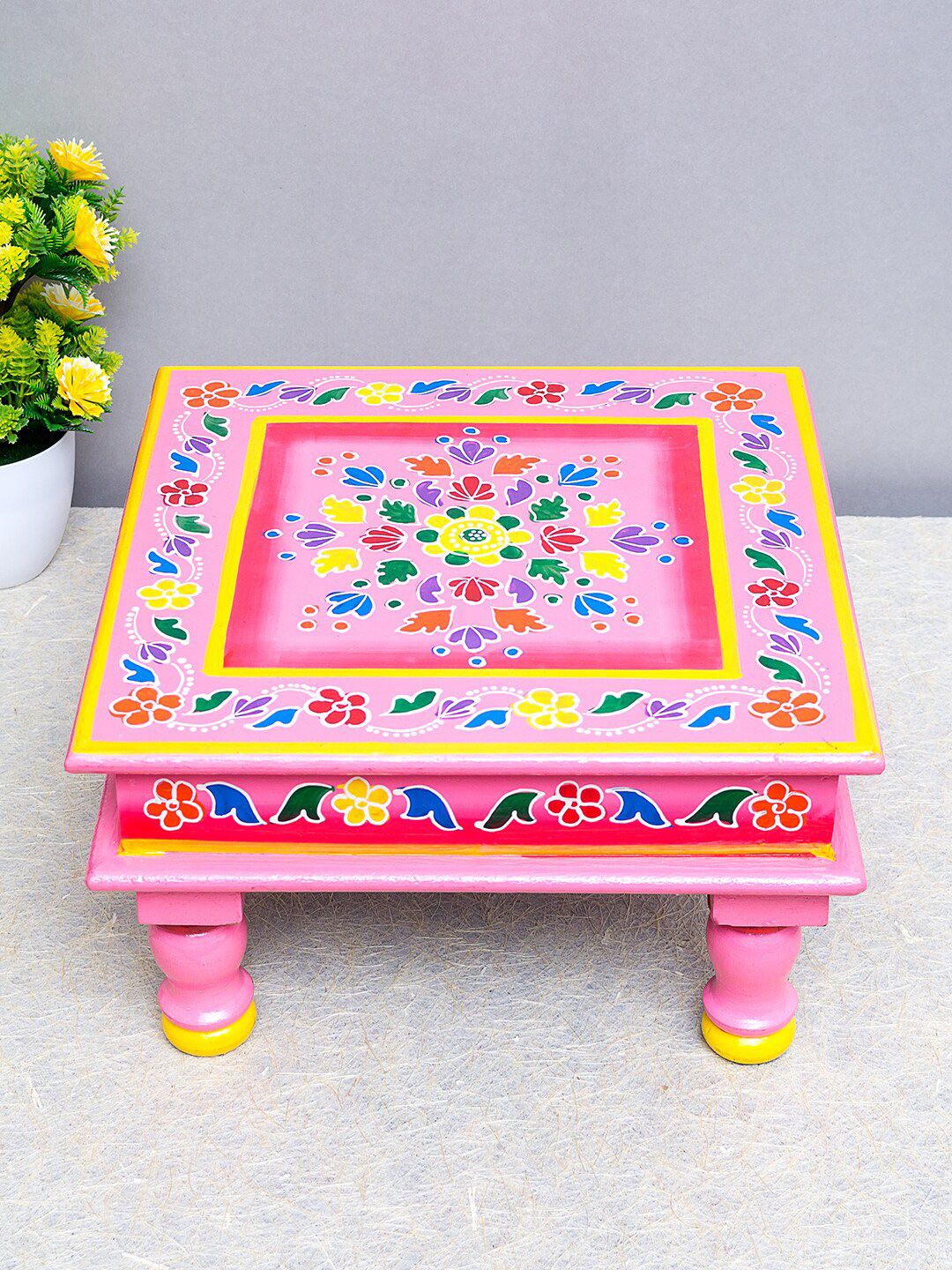 Golden Peacock Pink & Blue Hand Painted Handcrafted Wooden Square Pooja Chowki Price in India