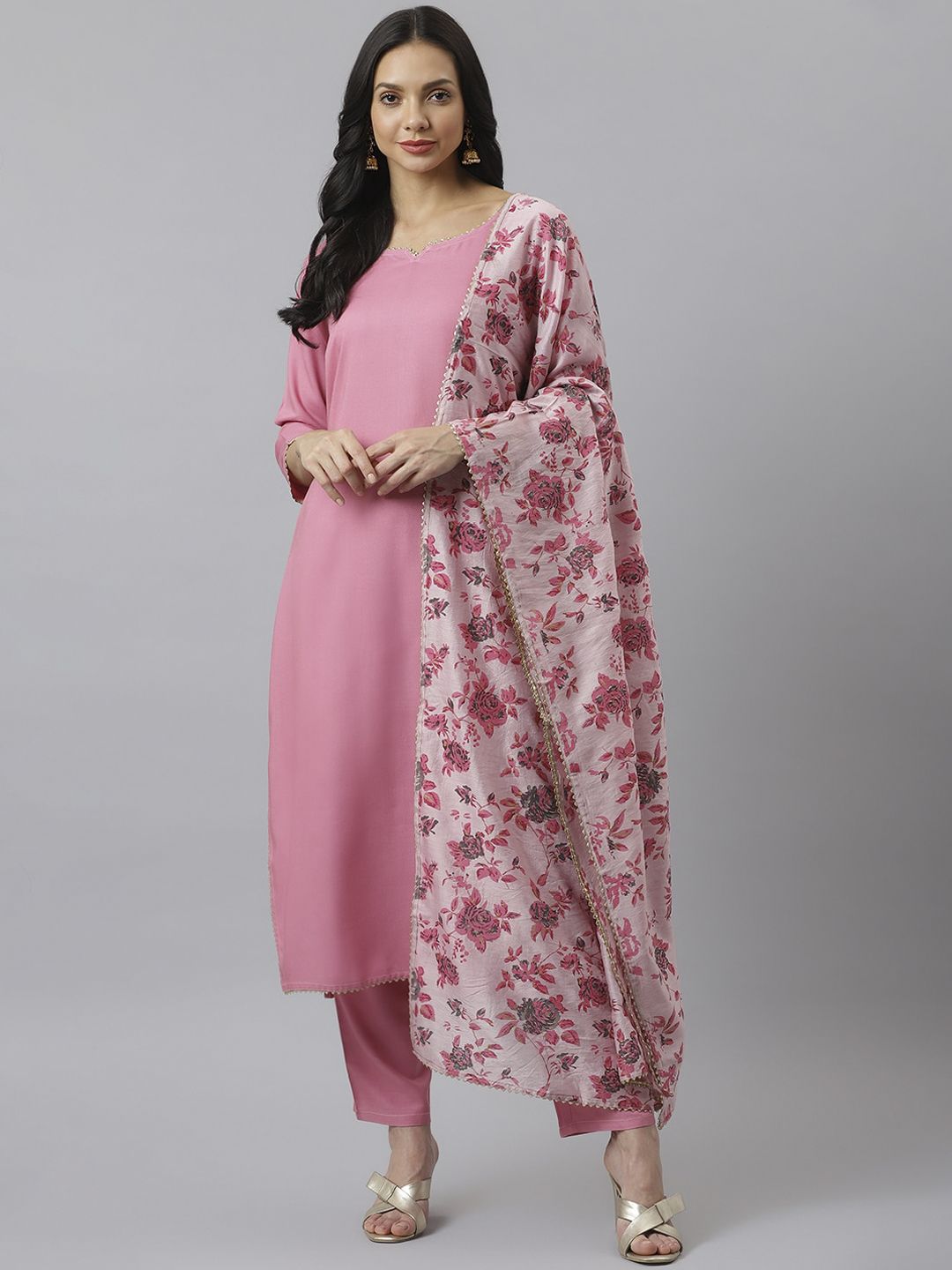 Stylum Women Pink Floral Regular Kurta with Trousers & Dupatta Price in India