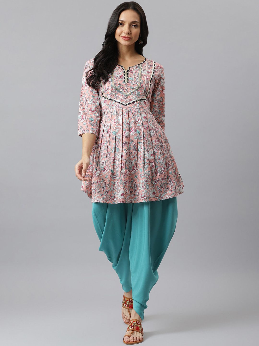 Stylum Women Pink & Turquoise Blue Floral Printed Pure Cotton Kurta with Dhoti Pants Price in India