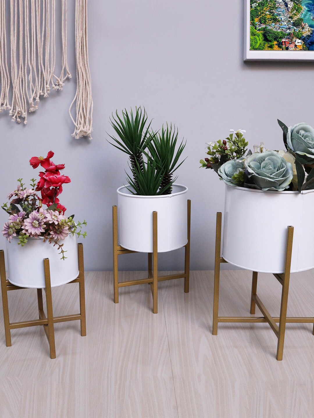 Homesake Set Of 3 White & Brown Metal Planter Pots with Stands Price in India