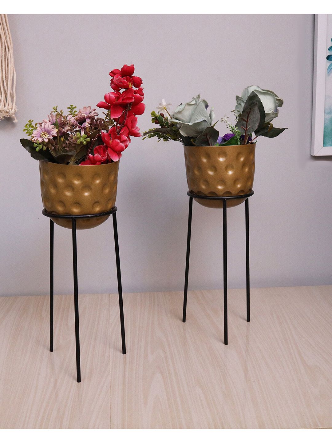 Homesake Set Of 2 Gold-Toned & Black Metal Hammered Planter Pots with Stands Price in India