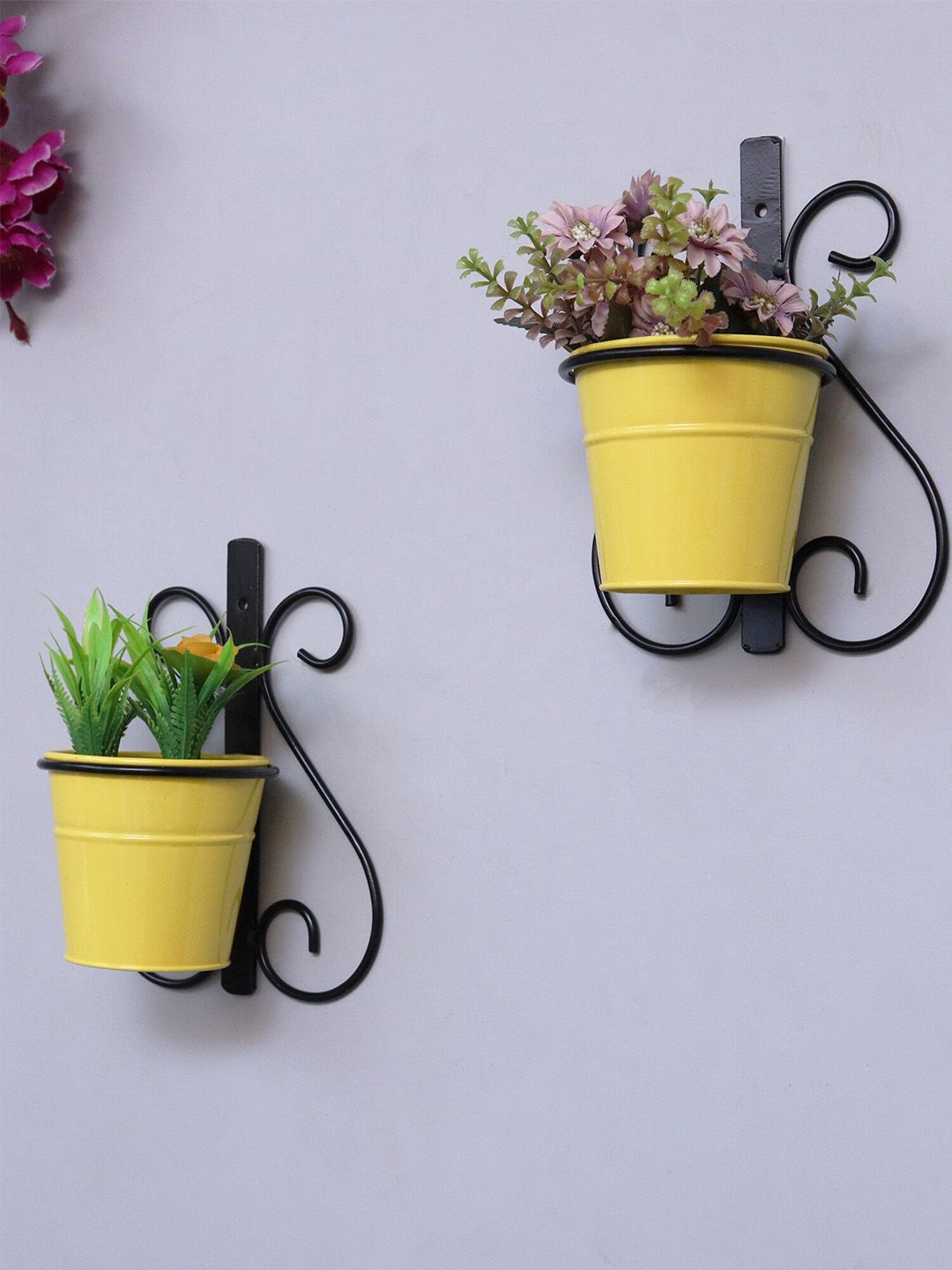 Homesake Set Of 2 Yellow & Black Wall Scone Metal Wall Planters With Pots Price in India