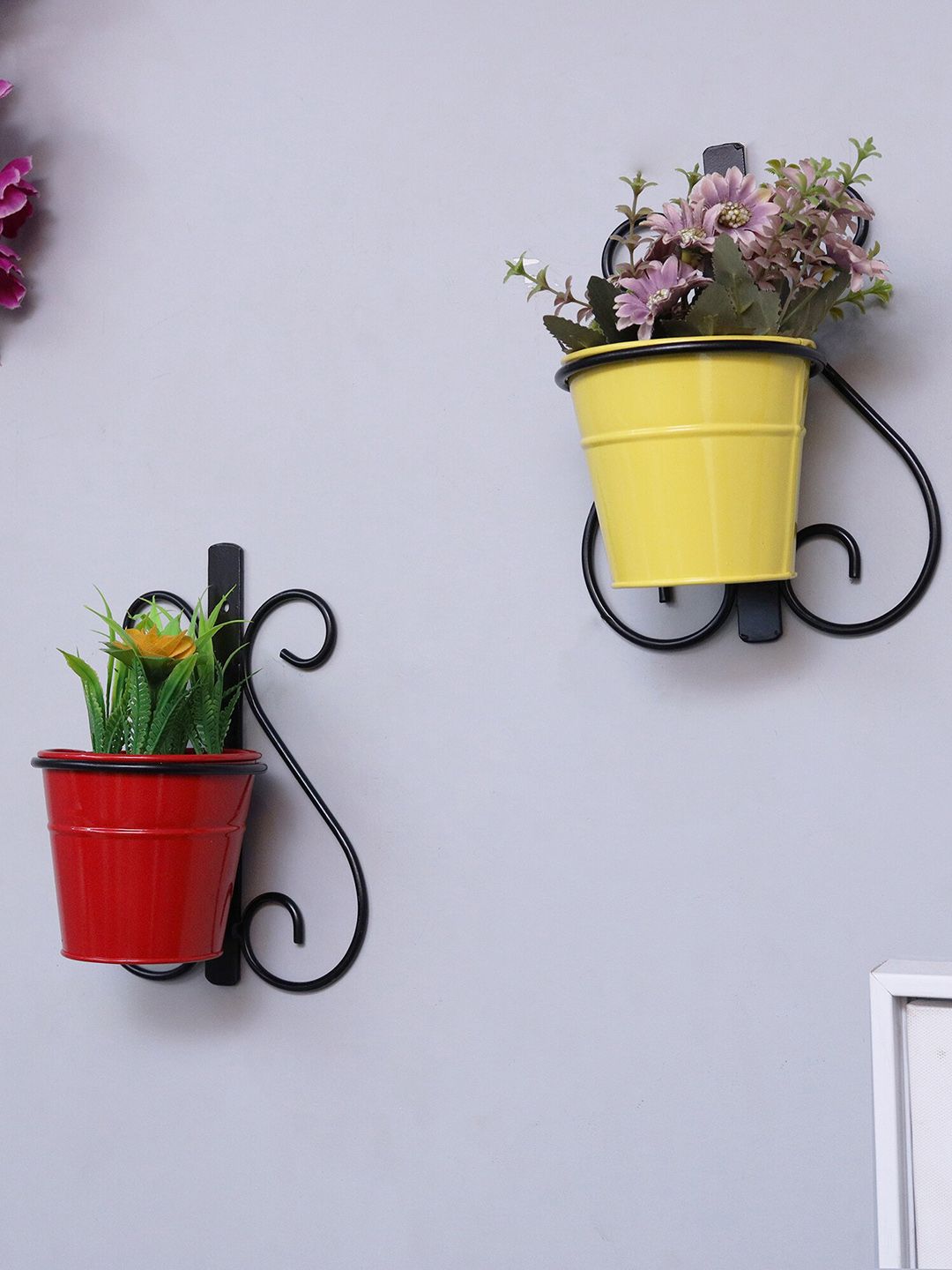 Homesake Set Of 2 Red & Yellow Wall Scone Metal Wall Planters With Pots Price in India
