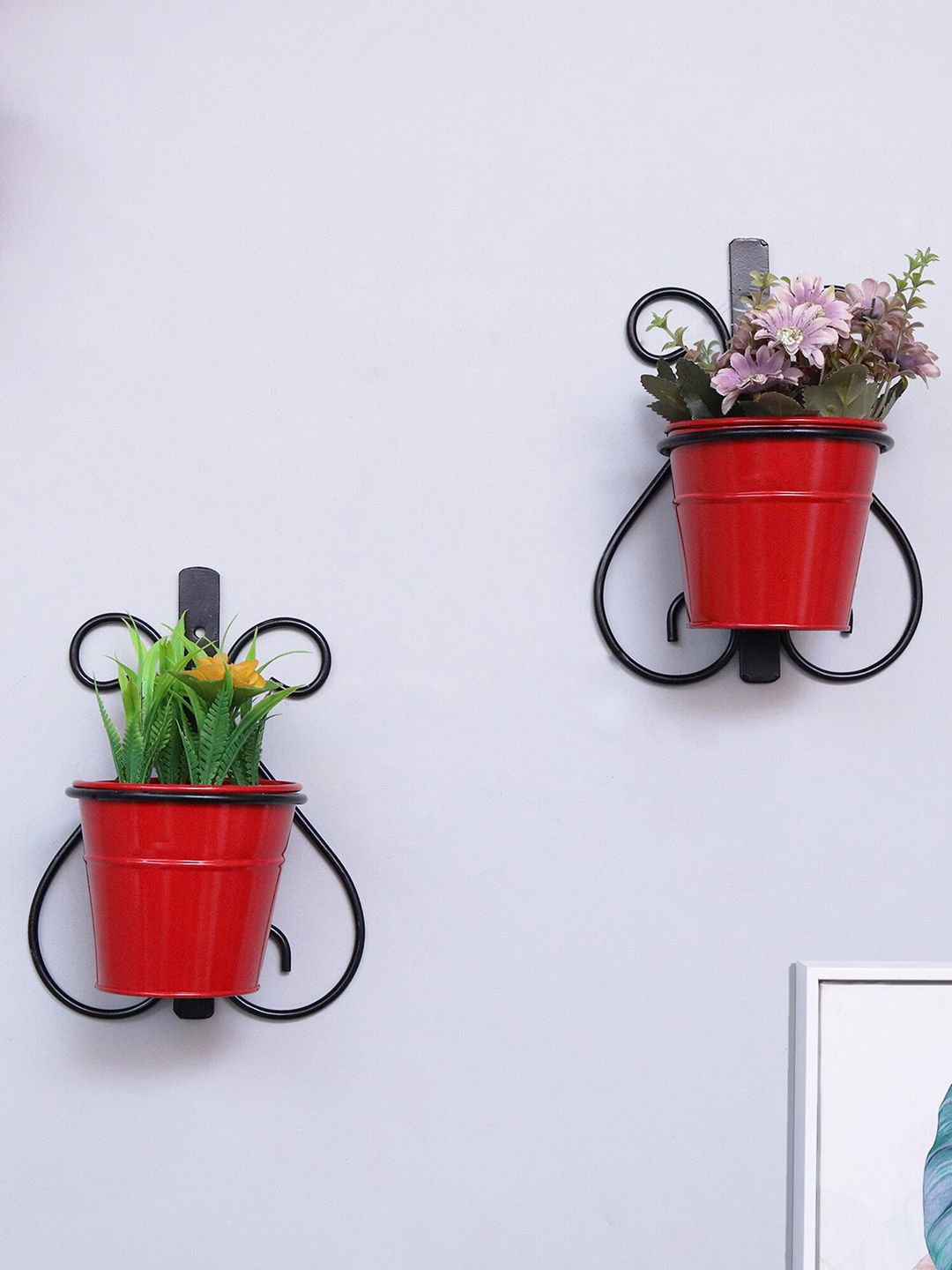 Homesake Set Of 2 Red & Black Wall Scone Metal Wall Planters With Pots Price in India