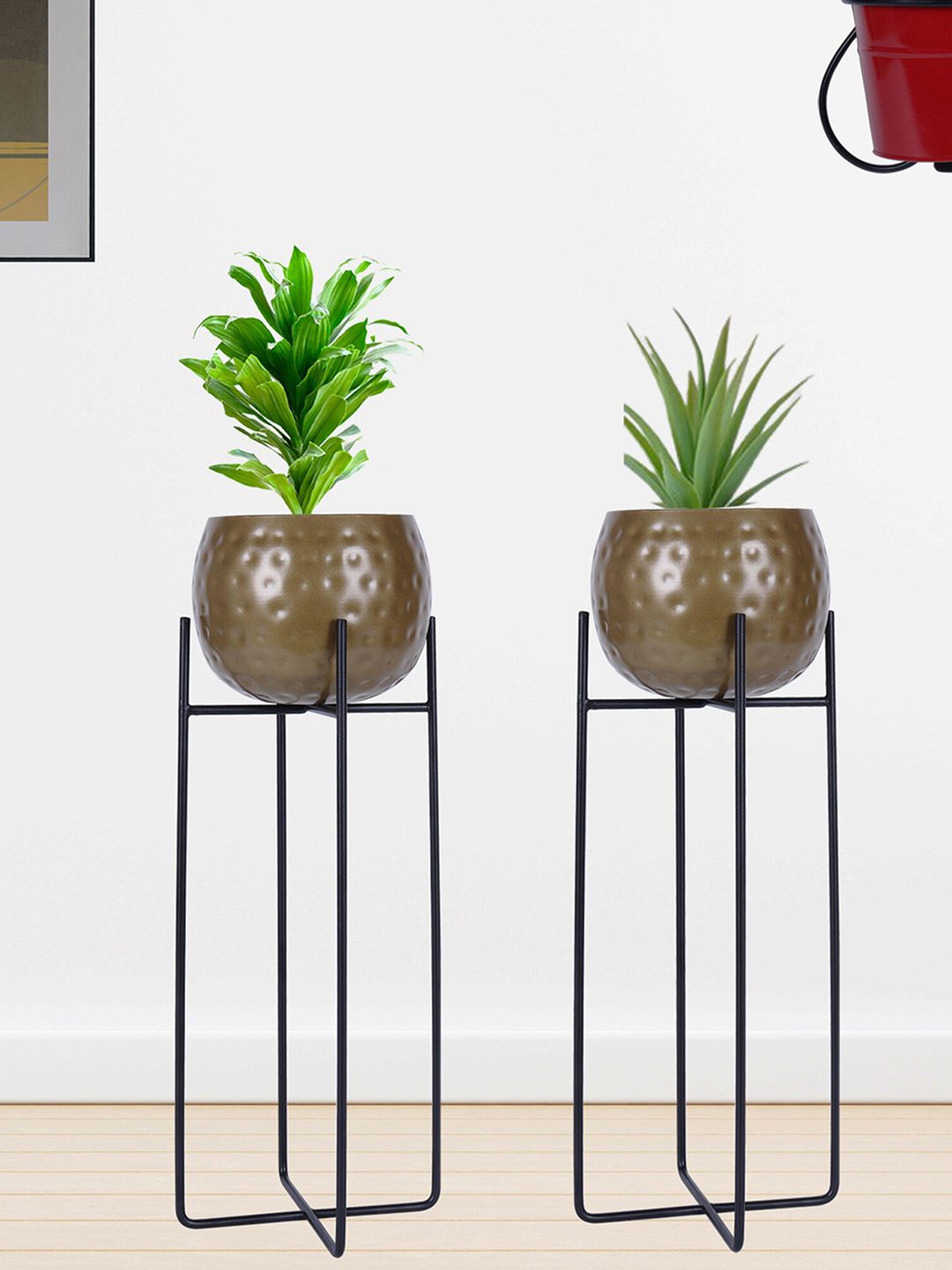 Homesake Set Of 2 Gold-Toned & Black Metal Hammered Planter Pots with Stands Price in India