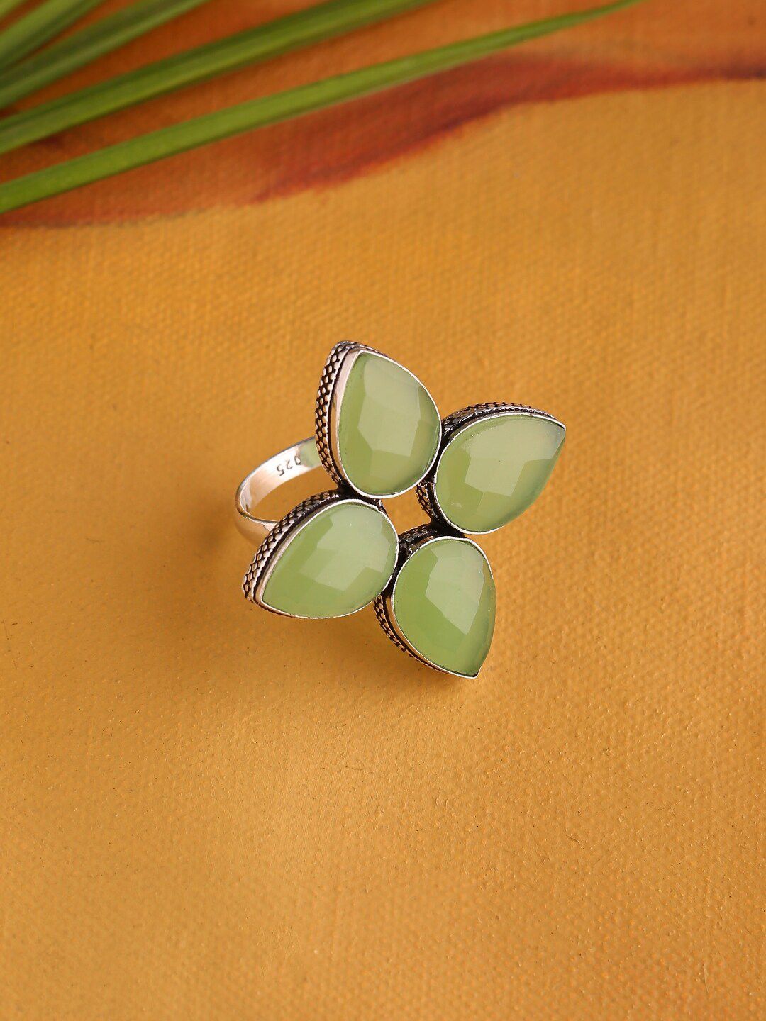 Infuzze Silver-Plated Green Stone-Studded Handcrafted Finger Ring Price in India