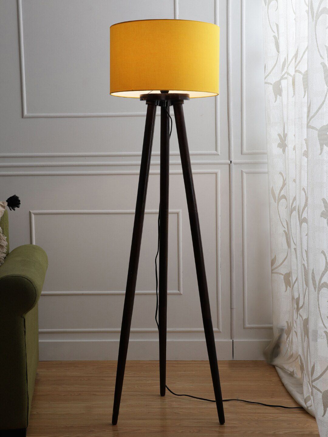 SANDED EDGE Yellow & Brown Wood in Walnut Hand Polish Jessy Tripod Floor Lamp Price in India