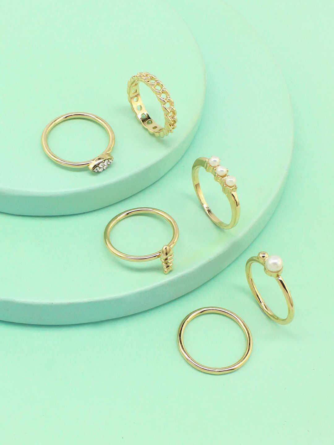 Runway Ritual Set Of 6 Gold-Plated Off White Pearl Beaded Stackable Finger Rings Price in India