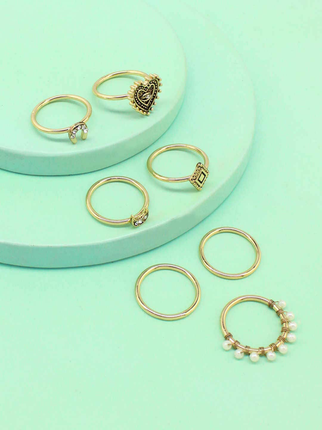 Runway Ritual Women Set Of 7 Gold-Plated & Off-White Heart & Moon Finger Rings Price in India