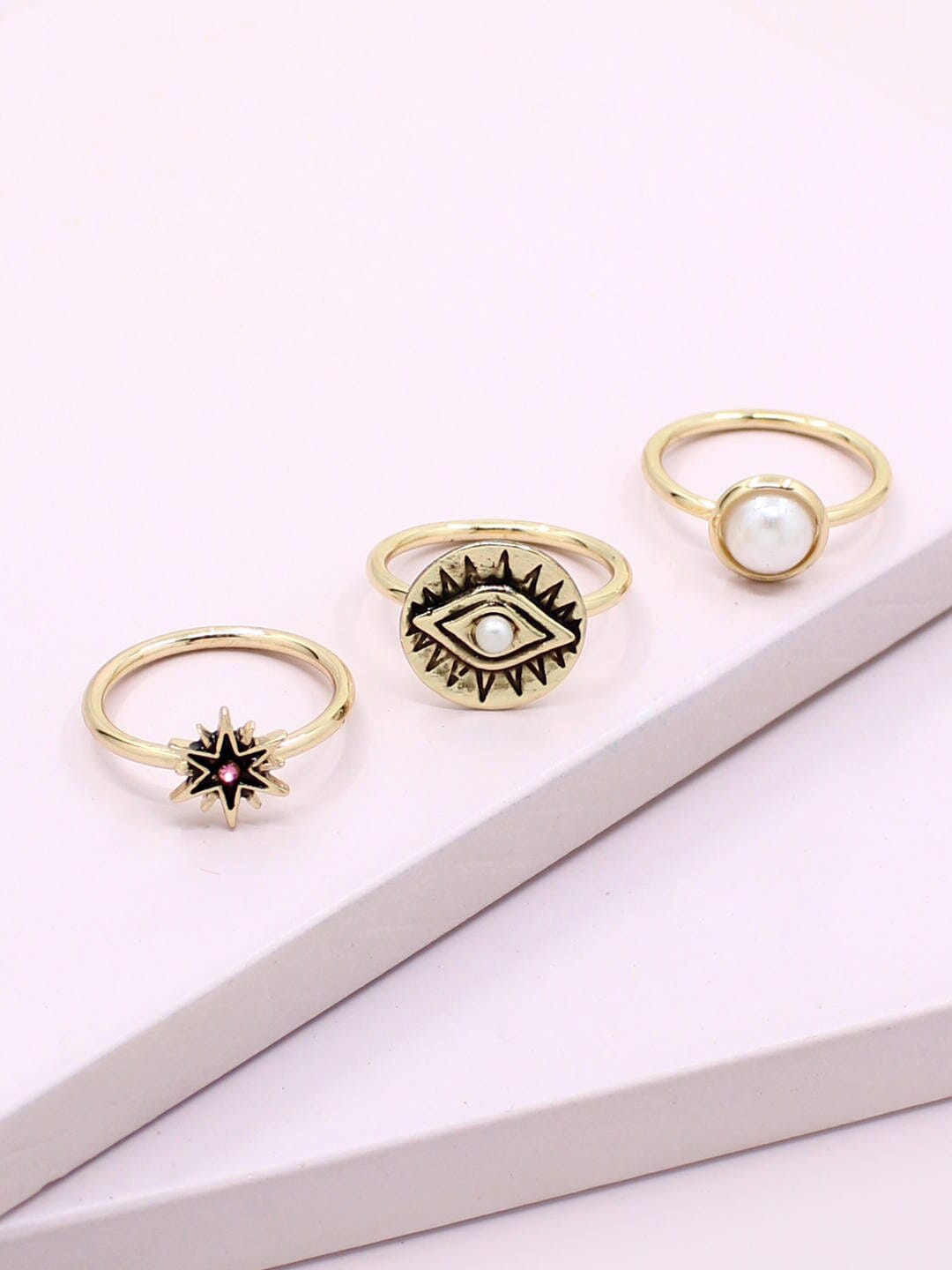 Set of 3 Gold Plated Off White Stone-Studded Finger Rings Price in India