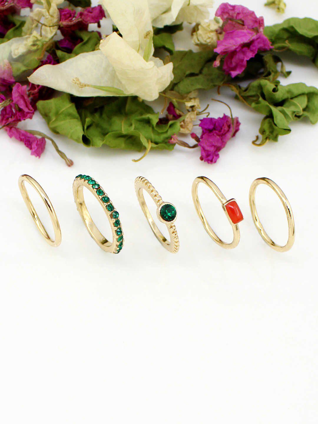 Runway Ritual Set Of 5 Gold-Plated Green & Red Crystal-Studded Finger Rings Price in India
