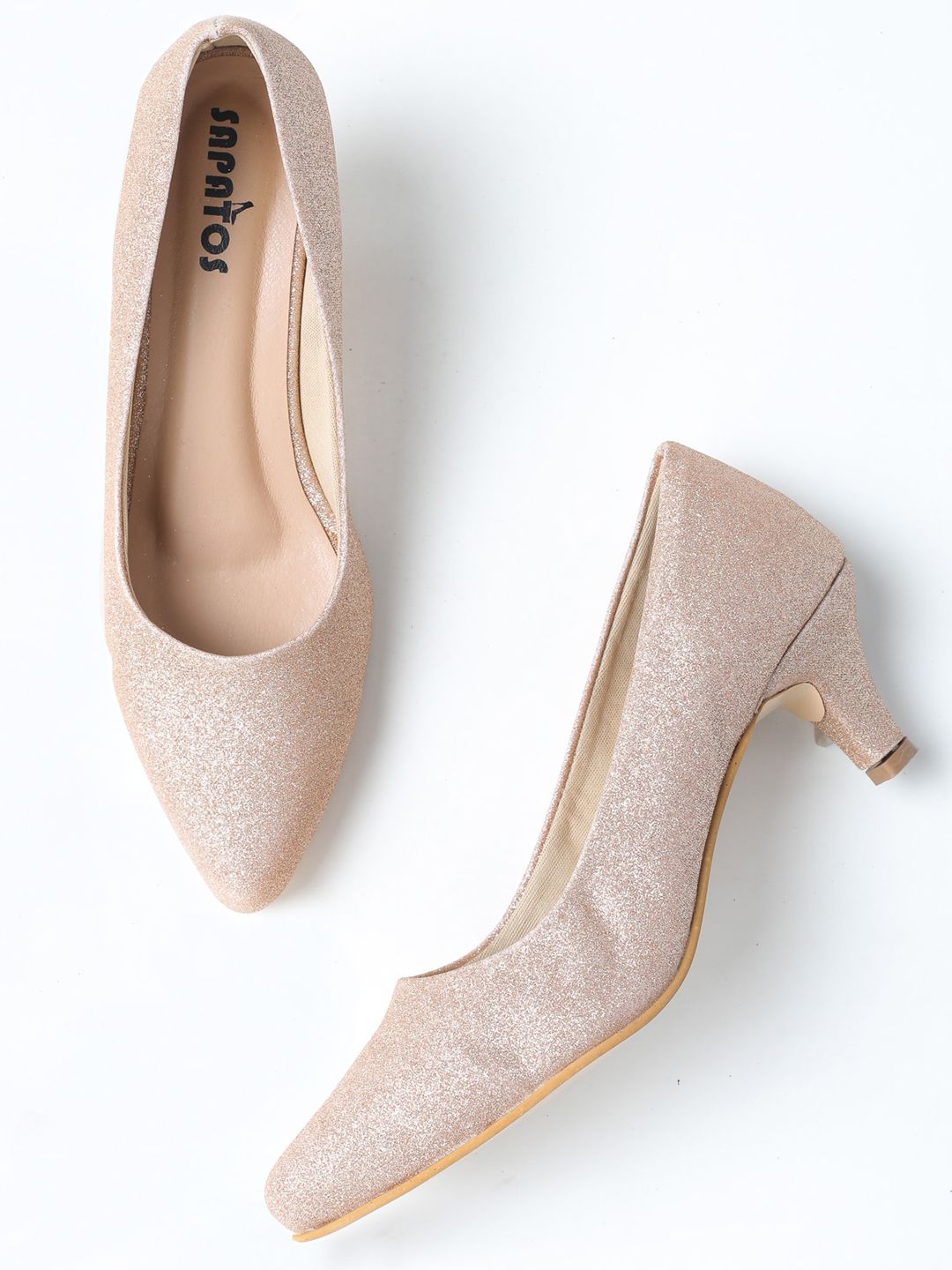 SAPATOS Woman Rose Gold Embellished Kitten Pumps Price in India