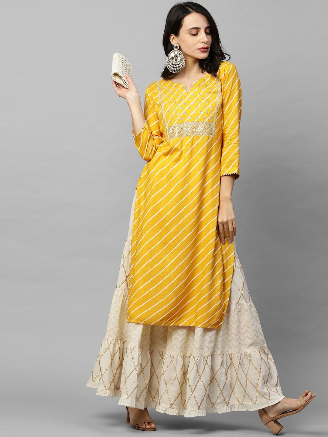 FASHOR Women Yellow & White Bandhani Yoke Design Thread Work Straight Cotton Kurta Price in India