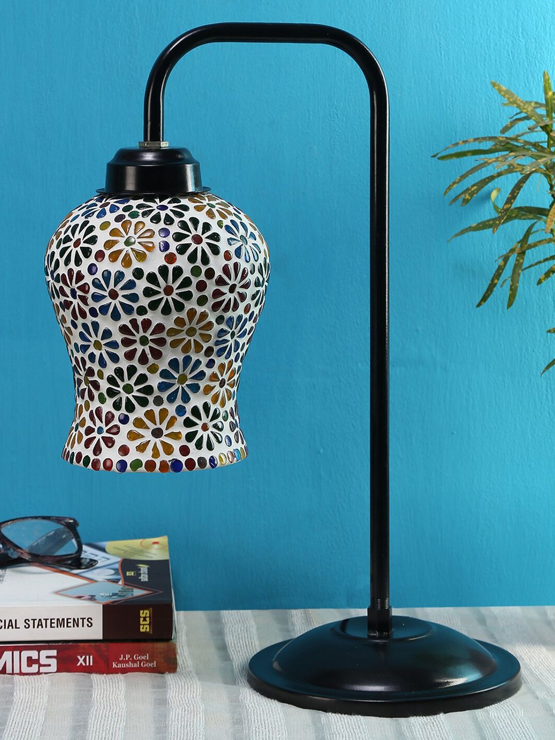 Devansh White & Multicoloured Printed Glass Contemporary Table Lamp with Shade Price in India