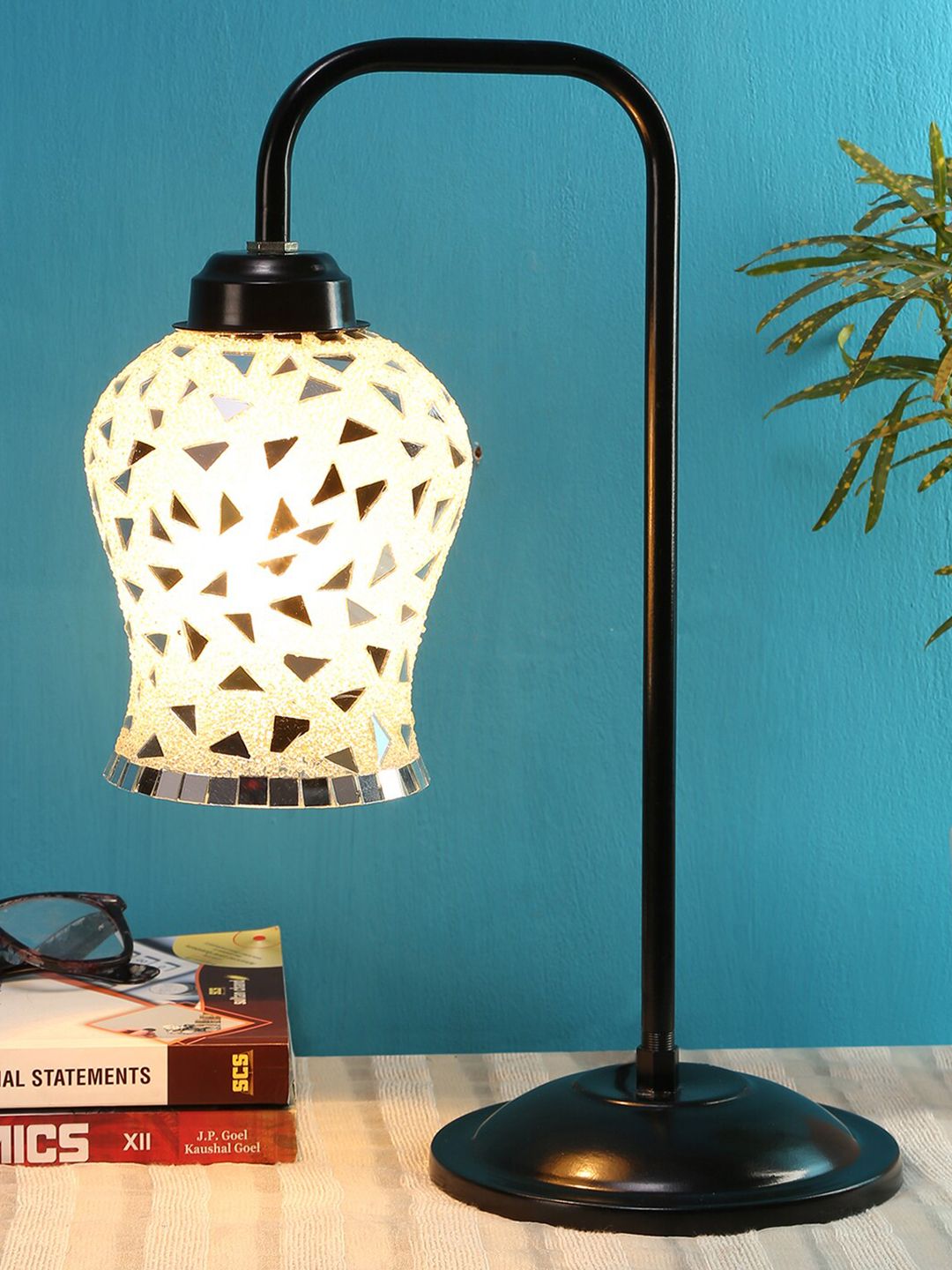 Devansh Mosiac Gold-Toned & White Textured Glass Contemporary Table Lamp with Shade Price in India