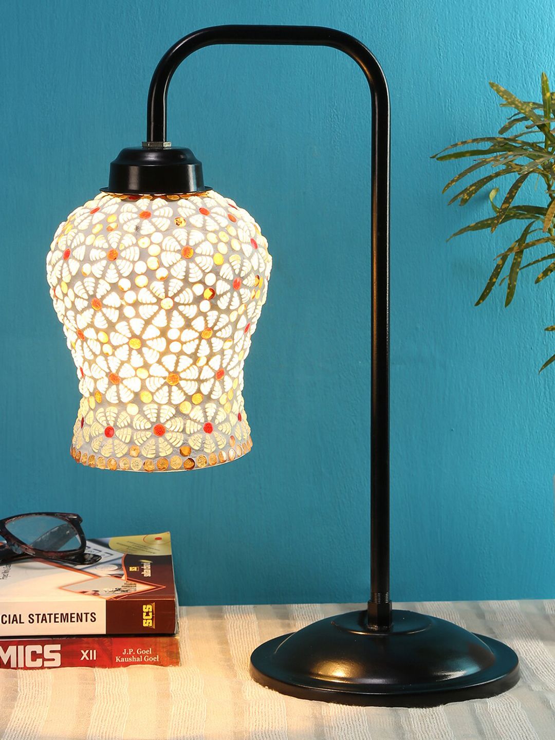 Devansh Gold-Toned & Red Printed Glass Contemporary Table Lamp with Shade Price in India