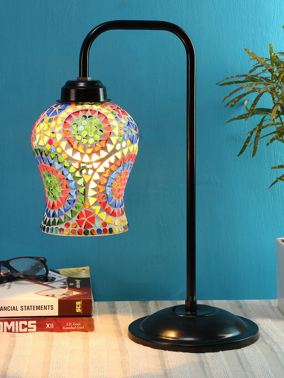 Devansh White & Multicoloured Printed Glass Contemporary Table Lamp with Shade Price in India