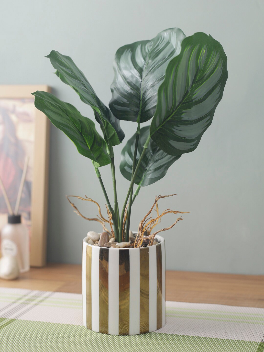 House Of Accessories Gold-Toned & White Striped Artificial Potted Plant Price in India