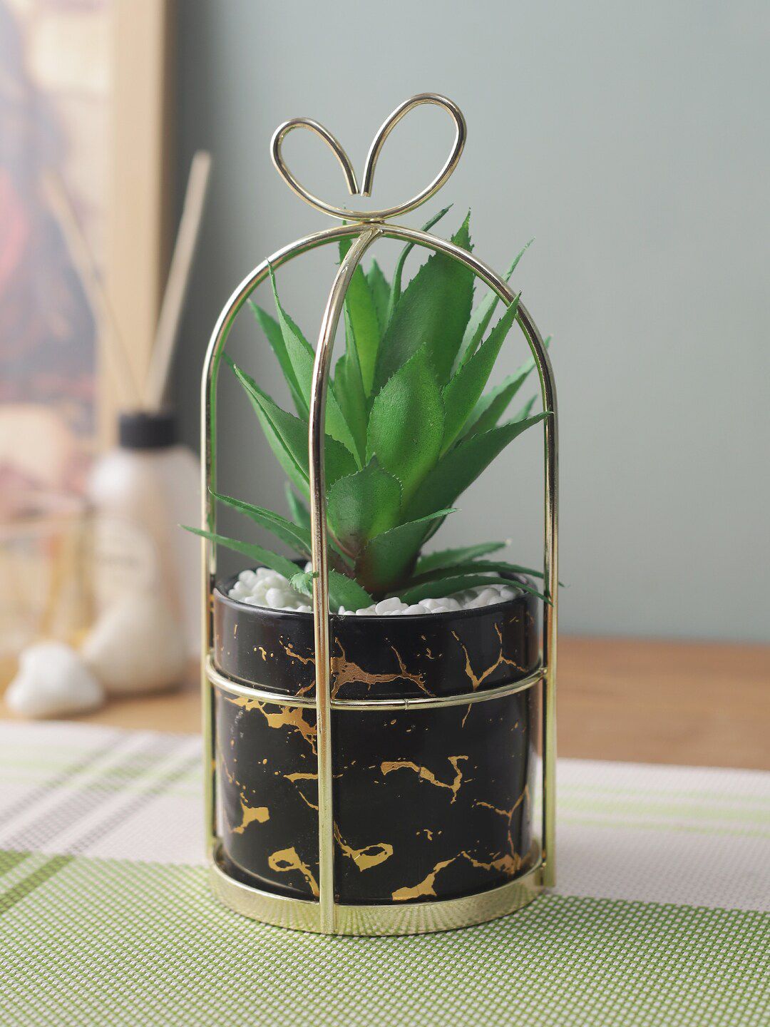 House Of Accessories Green & Black Patterned Artificial Potted Plant With Pot Price in India