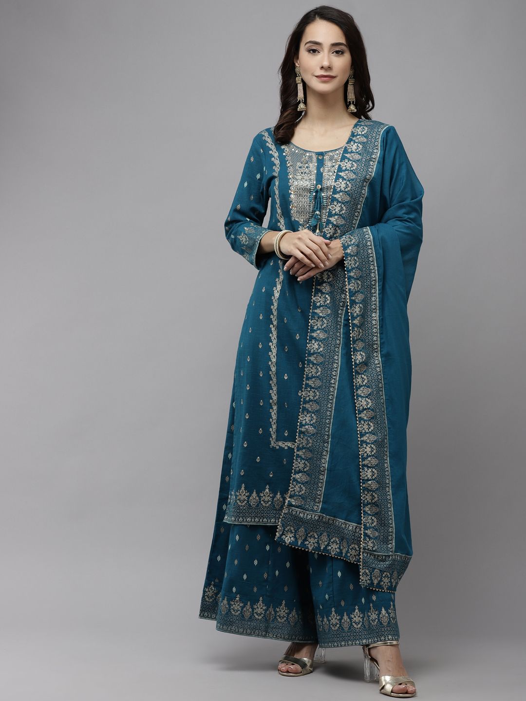 Ishin Women Teal Embroidered Regular Sequinned Pure Cotton Kurta with Sharara & With Dupatta Price in India