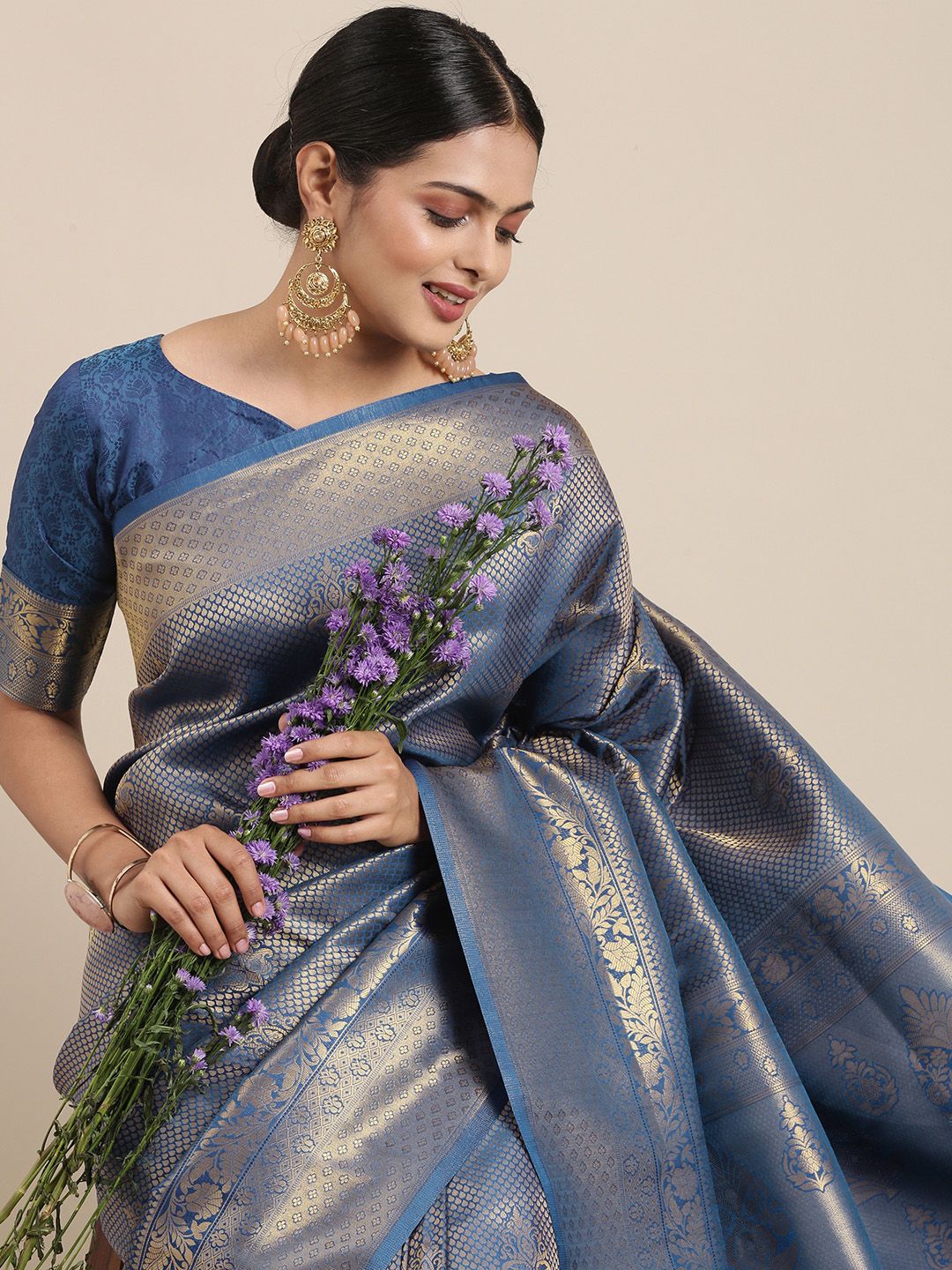 Saree mall Navy Blue Ethnic Motifs Zari Silk Blend Banarasi Sarees Price in India